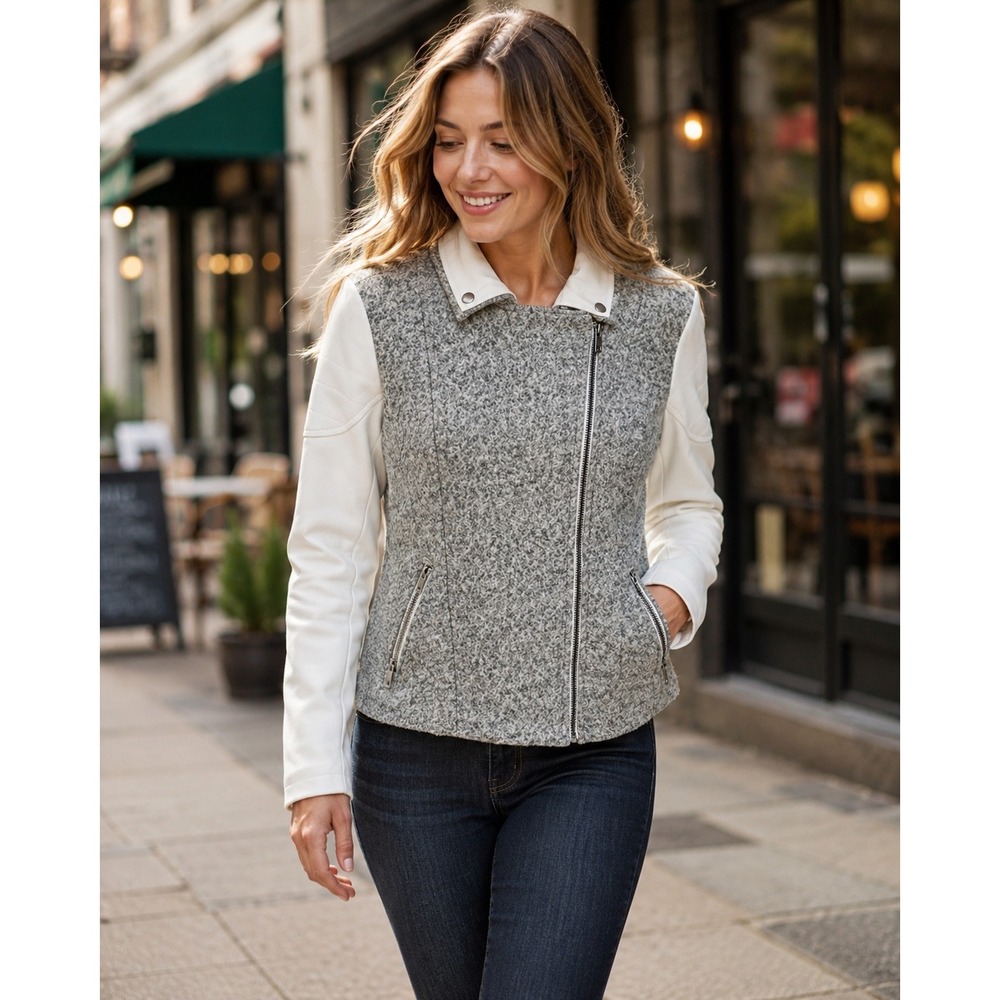 NWT Bar III Women's Moto Jacket XL Gray Marled Ivory Faux Leather Zip